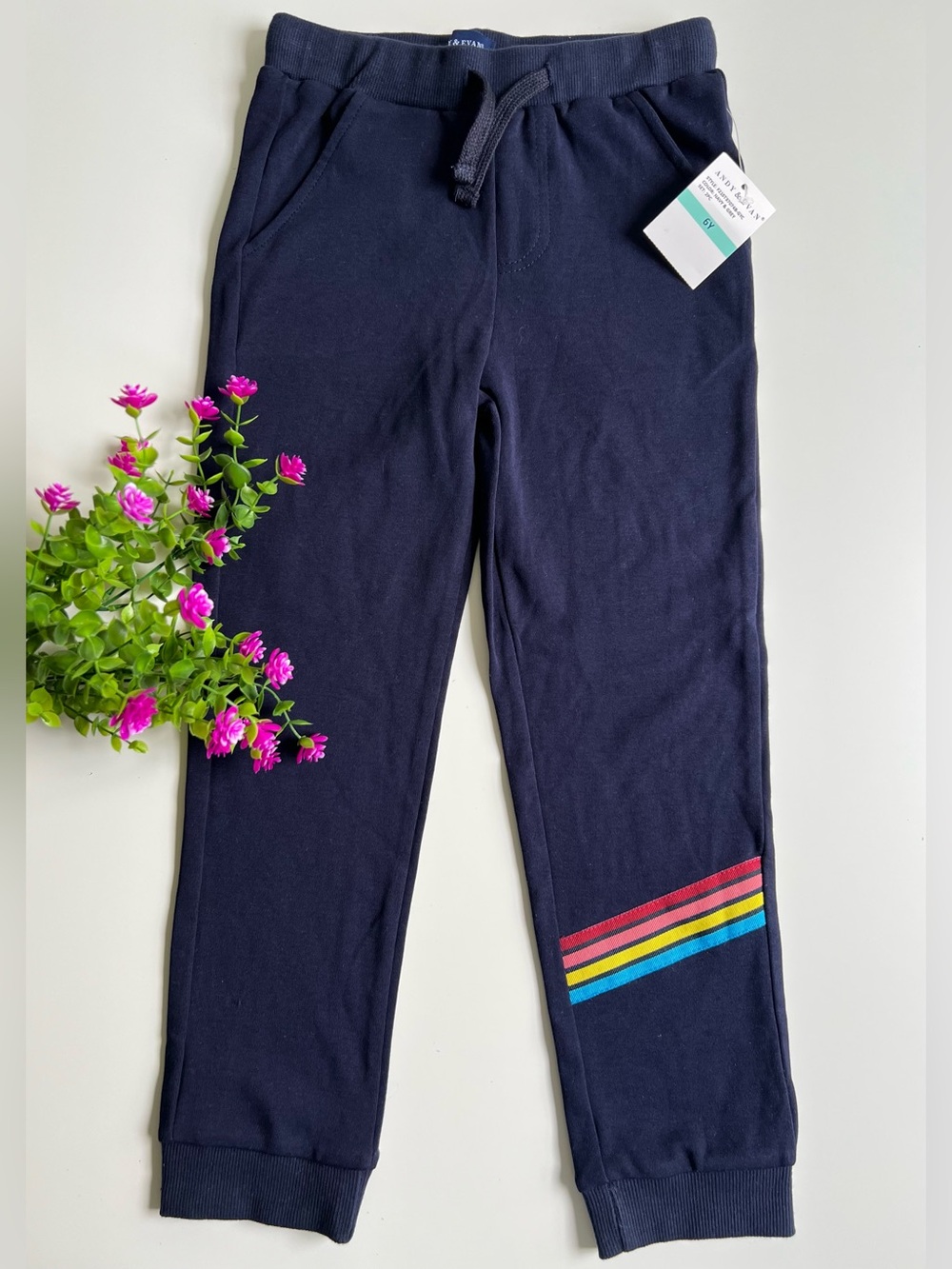 Andy & Evan Cotton Blend Stretch Rainbow Print Drawstring Legging Pants